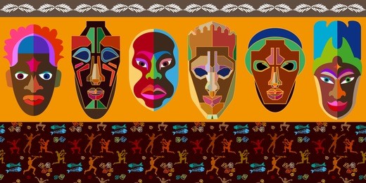 undiscovered africa pattern. set of ritual tribal masks on yellow background and seamless vector border with prehistoric hunting scenes. 