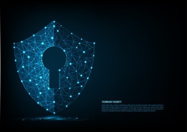 cyber security concept: shield with keyhole icon on digital data background. illustrates cyber data security or information privacy idea. blue abstract hi speed internet technology.