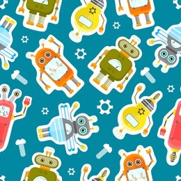 robots character stickers seamless background.. isolated vector robots stickers