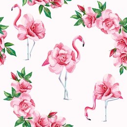 beach image of a wallpaper with a beautiful tropic pink flamingo and rose flowers. seamless vector composition on white background