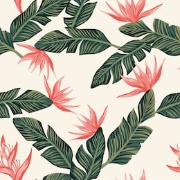 beach cheerful seamless pattern wallpaper of tropical dark green leaves of palm trees and flowers bird of paradise (strelitzia) on a light yellow background