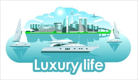 yacht sails boat resort town south & sea beach. panoramic modern city of glass and concrete. with houses, buildings, overpass or bridge, and bush. futuristic design architecture 