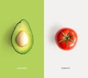 creative layout made of tomato and avocado. flat lay. food concept.