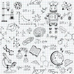 science education doodle set of biology, mathematics, physics, chemistry, astronomy, robotic technology, geometry seamless pattern.