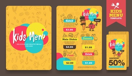 cute colorful kids meal menu and discount voucher layout template .vector illustration.