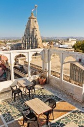 roof top with view on jagdish temple in udaipur, rajastan, india