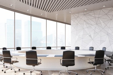 conference room interior with a round table, black office chairs near it, a marble wall and a panoramic window. 3d rendering, mock up
