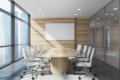front view of a wooden conference room interior with a long table and two rows of white office chairs by its sides. horizontal poster. 3d rendering, mock up