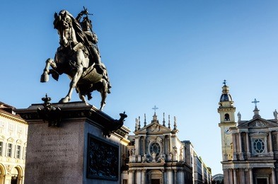 piazza san carlo, one of the main squares of turin (italy) with its twin churches and the equestrian monument of king emanuele filiberto