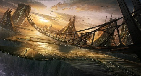 digital illustration of futuristic science fiction city building with abstract structure environment landscape