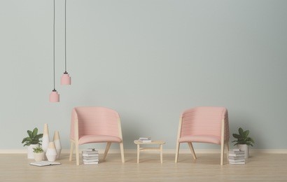 interior pink armchairs and ornamental plants on empty wall background,3d rendering