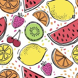 background with juicy fruits. fruit seamless pattern. vector illustration