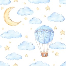 watercolor seamless pattern - air balloon, moon and stars. ideas for a children's room. baby shower party elements. perfect for prints, postcards, prints, greeting cards, fabric etc