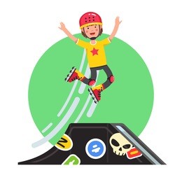 teen kid doing stunt jump from skatepark quarter pipe ramp on roller skates. extreme sport boy riding board wearing safety helmet & kneepads. flat style character vector illustration isolated on white