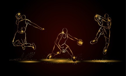 basketball players set. golden linear basketball player illustration for sport banner, background and flyer.