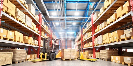 concept of warehouse. the forklift between rows in the big warehouse. 3d illustration