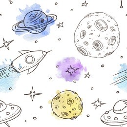 vector hand drawn seamless pattern with space doodles on a white background