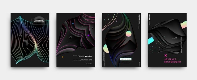 placards with abstract liquid bubbles shapes, 80s memphis geometric style flat and 3d design elements. retro art for covers, banners, flyers and posters. esp10 vector illustration.