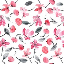 watercolor and ink illustration of red flowers. sumi-e, u-sin painting. seamless pattern.