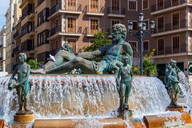 turia fountain in the plaza de la virgen - valencia spain