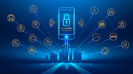 smart phone connection with a smart city. the icon lock on the mobile phone screen. mobile security, secure wireless connection. the connection is protected. future concept. vector illustration.