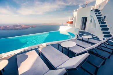 bright morning view of santorini island. picturesque spring scene of the famous greek resort fira, greece, europe. traveling concept background.