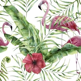 watercolor floral pattern with exotic flowers, leaves and flamingo. hand painted ornament  with tropical plant: hibiscus, palm leaves and branches isolated on white background. for design or fabric.