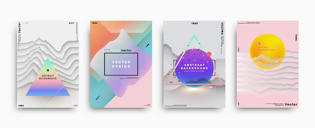 cover templates with abstract liquid bubbles shapes, 80s memphis geometric style flat and 3d design elements. retro art for banners, flyers, placards and posters. esp10 vector illustration.