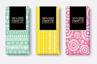 vector set of chocolate bar package designs with modern vibrant tribal ikat patterns. rectangle frame. editable packaging template collection.