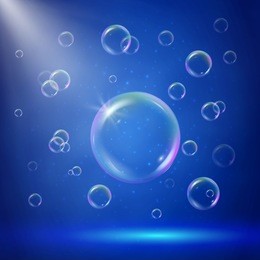 stage illumination with spotlights and bubbles. blue deep sea scene with shampoo foam in water. colorful realistic bubbles with sprays, rays and flare. background with blowing soap for bath and shower