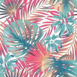 summer exotic floral tropical palm, monstera leaves in pink and blue colors. vector seamless pattern. plant nature wallpaper