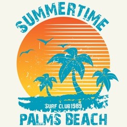 summer time - vector illustration in vintage graphic style for t-shirt and other print production. palms, wave and sun creative logo badge. summer vacation concept. design elements.