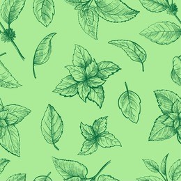 mint hand sketch vector illustration seamless texture. peppermint engraved drawing of menthol leaves isolated on white background. leaf herbal spearmint plant