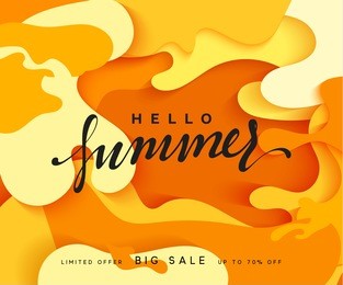 hello summer banner. melted 3d colorful background in style paper art illustration. bright poster summer sale