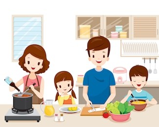 happy family cooking food in the kitchen together, kitchenware, crockery, house, home, room