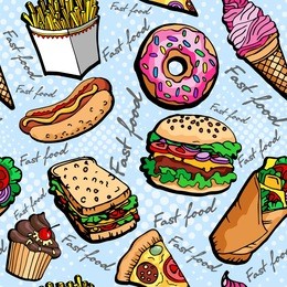 fast food vector seamless pattern. hamburger, hot dog, pizza, sandwich, milkshake, french fries, donut, cupcake, ice-cream. pop art style