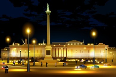 easy to edit vector illustration of city nightlife of trafalgar square westminster, central london