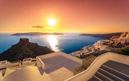 amazing sunset at imerovigli, santorini, crete, greece.