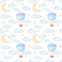 watercolor seamless pattern - air balloon, moon and stars. ideas for a children's room. baby shower party elements. perfect for prints, postcards, prints, greeting cards, fabric etc