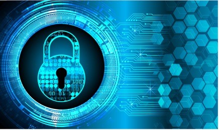 safety concept, closed padlock on digital background, cyber security, blue abstract hi speed internet technology background illustration. key
