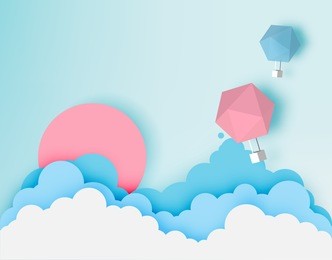 hot air balloon paper art style with pastel sky background vector illustration