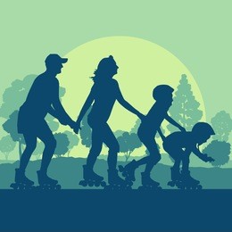 family inline skating in park vector background landscape with trees