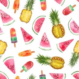 watercolor summer fruit sweets illustration. seamless pattern on a white background