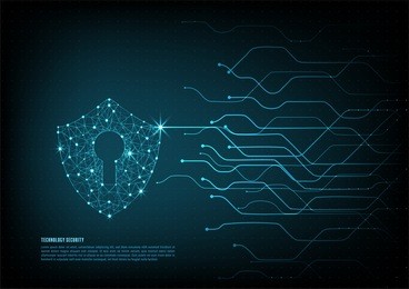 cyber security concept: shield with keyhole icon on digital data background. illustrates cyber data security or information privacy idea. blue abstract hi speed internet technology.