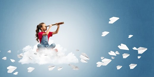 cute kid girl sitting on cloud looking in spyglass and paper planes flying around