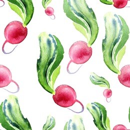 seamless pattern of fresh radishes with tops. hand drawn watercolor illustration on white background.