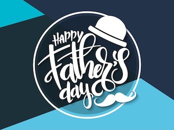 vector father's day greetings card with hand lettering - happy father's day - with a hat and mustaches in a circle.