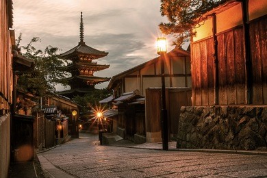 sunset in higashiyama old town street at kyoto
