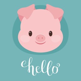 cute pig/piglet head. hand writing "hello". vector illustration