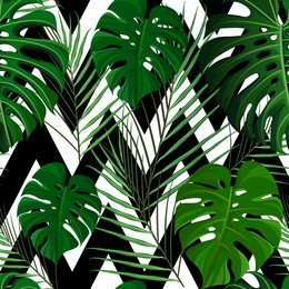 seamless pattern with green tropical exotic palm leaves on abstract white black zigzag background. fabric, wrapping paper print. vector illustration stock vector.